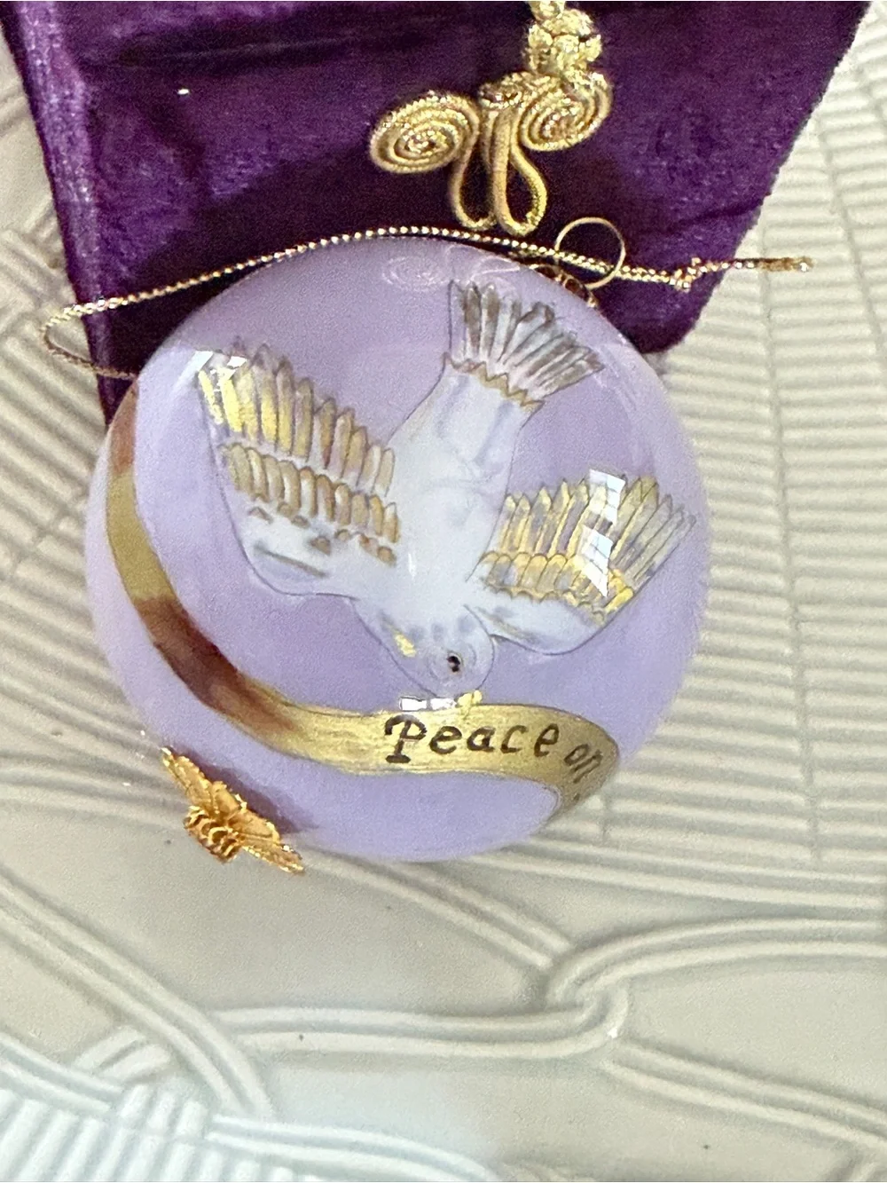 Pier 1 Lavender and Gold Dove 'Peace on Earth' Holiday Ornament